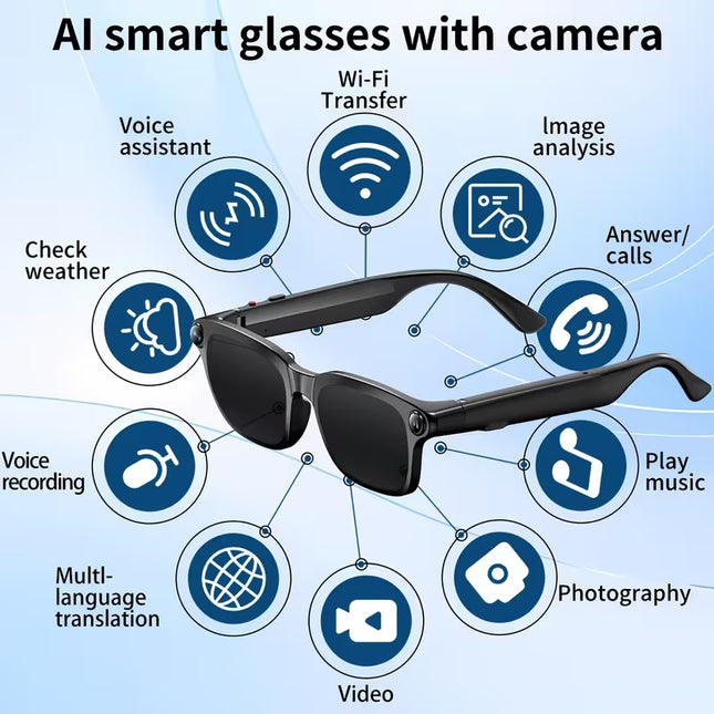 [Local warehouse]PEJE Smart Glasses with 800W Camera Compatible for Real-Time Translation, AI Voice Assistant, Wireless Calling/Simultaneous Interpretation, Wireless 5.4, Large Memory, Voice & Noise Reduction for Travel, Vlogging, Gifts
