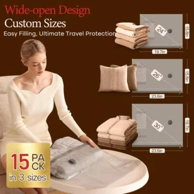 Vacbird 15 Pack Vacuum Bags for Travel with Rechargeable Cordless Electric Pump, Carry-on Packing Bags for Luggage and Suitcase, Space Saver for Clothes and Clothing