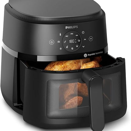 Аэрофритюрница Philips серии 2000 — технология RapidAir, 13 способов приготовления, объем 4,4 кварты (ок. 4,2 л), более здоровая пища (до 90% меньше жира), легкость в уходе, возможность мытья в посудомоечной машине, сенсорное управление.