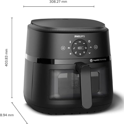 Аэрофритюрница Philips серии 2000 — технология RapidAir, 13 способов приготовления, объем 4,4 кварты (ок. 4,2 л), более здоровая пища (до 90% меньше жира), легкость в уходе, возможность мытья в посудомоечной машине, сенсорное управление.