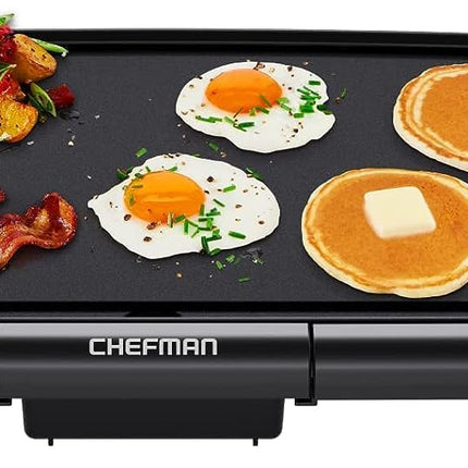 Электрическая сковорода Chefman XL со съемным терморегулятором, погружной плоской поверхностью для гриля, для бургеров, яиц, блинов, антипригарная очень большая варочная поверхность, выдвижной поддон для сбора жира, 10 x 20 дюймов