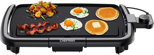 Электрическая сковорода Chefman XL со съемным терморегулятором, погружной плоской поверхностью для гриля, для бургеров, яиц, блинов, антипригарная очень большая варочная поверхность, выдвижной поддон для сбора жира, 10 x 20 дюймов