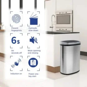 BestOffice | 13 Gallon Trash Can with Lid | Automatic Touchless Garbage Can | Odor Control | Modern Oval Design | Easy to Clean | Stainless Steel | Fits Any Kitchen, Bathroom, Office or Home