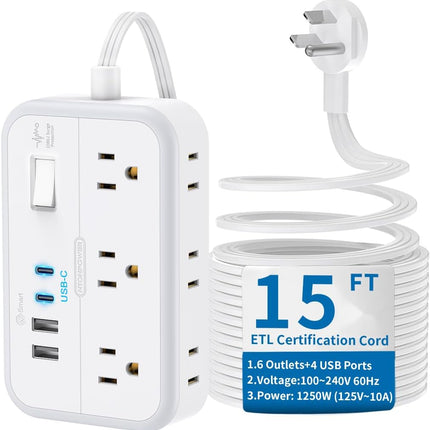 Удлинитель 4,5 м, сетевой фильтр с 6 розетками и 4 портами USB для зарядки (2 порта USB-C), удлинитель с плоской вилкой, длинный шнур, защита для дома, офиса, общежития.