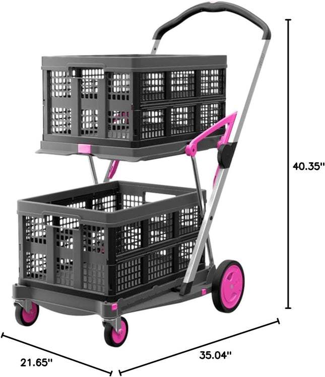 [Local warehouse]CLAX® The Original | Made in Germany | Multi Use Functional Collapsible Carts | Mobile Folding Trolley | Storage Cart Wagon | Shopping Cart with 2 Storage Crates (Pink)
