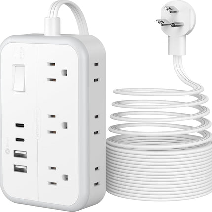 Удлинитель 4,5 м, сетевой фильтр с 6 розетками и 4 портами USB для зарядки (2 порта USB-C), удлинитель с плоской вилкой, длинный шнур, защита для дома, офиса, общежития.