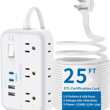 Удлинитель 4,5 м, сетевой фильтр с 6 розетками и 4 портами USB для зарядки (2 порта USB-C), удлинитель с плоской вилкой, длинный шнур, защита для дома, офиса, общежития.