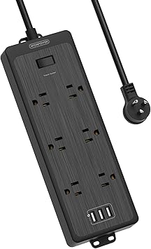 NTONPOWER Сетевой фильтр с плоской вилкой, 3 портами USB, 6 широко расположенными розетками, защитой от перенапряжения 1700 Дж, автоматическим выключателем 15 А, кабелем длиной 1,5 м, черный