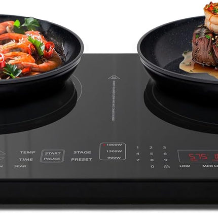 Индукционная плита Nuwave Double Pro Cooktop, портативная, 900/1500/1800 Вт с динамической технологией мощности, от 10°C до 300°C, нагревательный элемент 8 дюймов, ударопрочное керамическое стекло, бесшовная сенсорная панель IMD