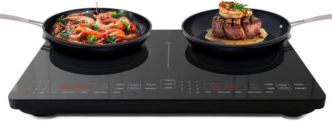 Индукционная плита Nuwave Double Pro Cooktop, портативная, 900/1500/1800 Вт с динамической технологией мощности, от 10°C до 300°C, нагревательный элемент 8 дюймов, ударопрочное керамическое стекло, бесшовная сенсорная панель IMD
