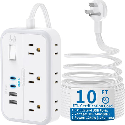 Удлинитель 4,5 м, сетевой фильтр с 6 розетками и 4 портами USB для зарядки (2 порта USB-C), удлинитель с плоской вилкой, длинный шнур, защита для дома, офиса, общежития.