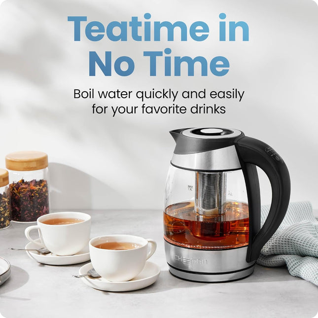 【Local warehouse】Chefman Electric Kettle with Temperature Control, 5 Presets LED Indicator Lights, Removable Tea Infuser, Glass Tea Kettle & Hot Water Boiler, 360° Swivel Base, BPA Free, Stainless Steel, 1.8 Liters