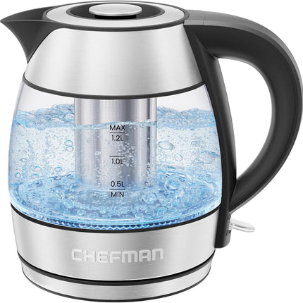 Электрический чайник CHEFMAN – 1,2 л, 1500 Вт, для горячей воды и чая, со съемным инфузером, без бисфенола А, с автоматическим отключением, защитой от выкипания, съемной крышкой, LED-подсветкой, беспроводной, стеклянный, из нержавеющей стали