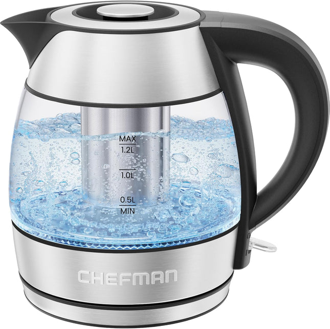 Электрический чайник CHEFMAN – 1,2 л, 1500 Вт, для горячей воды и чая, со съемным инфузером, без бисфенола А, с автоматическим отключением, защитой от выкипания, съемной крышкой, LED-подсветкой, беспроводной, стеклянный, из нержавеющей стали