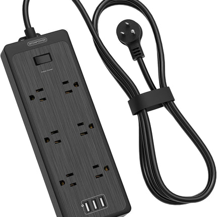 NTONPOWER Сетевой фильтр с плоской вилкой, 3 портами USB, 6 широко расположенными розетками, защитой от перенапряжения 1700 Дж, автоматическим выключателем 15 А, кабелем длиной 1,5 м, черный