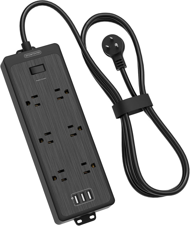 NTONPOWER Сетевой фильтр с плоской вилкой, 3 портами USB, 6 широко расположенными розетками, защитой от перенапряжения 1700 Дж, автоматическим выключателем 15 А, кабелем длиной 1,5 м, черный