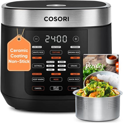 【Local warehouse】Cosori Rice Cooker 10 Cup, 24h Keep Warm, Non-stick Ceramic Inner Pot, 18 Functions Fuzzy Logic Rice Maker with Stainless Steel Steamer Basket, Sauté, Slow Cooker, Black