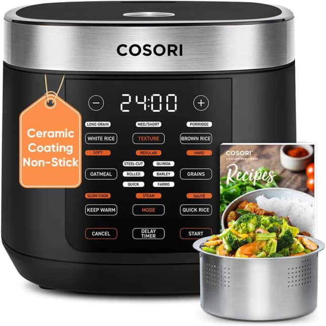 【Local warehouse】Cosori Rice Cooker 10 Cup, 24h Keep Warm, Non-stick Ceramic Inner Pot, 18 Functions Fuzzy Logic Rice Maker with Stainless Steel Steamer Basket, Sauté, Slow Cooker, Black