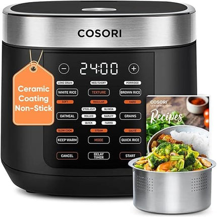 【Local warehouse】Cosori Rice Cooker 10 Cup, 24h Keep Warm, Non-stick Ceramic Inner Pot, 18 Functions Fuzzy Logic Rice Maker with Stainless Steel Steamer Basket, Sauté, Slow Cooker, Black