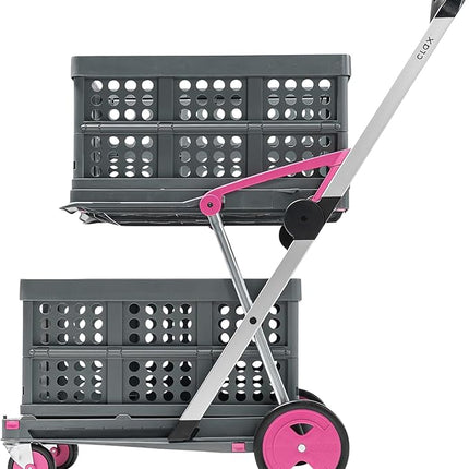 [Local warehouse]CLAX® The Original | Made in Germany | Multi Use Functional Collapsible Carts | Mobile Folding Trolley | Storage Cart Wagon | Shopping Cart with 2 Storage Crates (Pink)