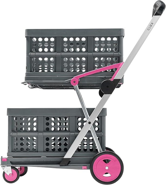 [Local warehouse]CLAX® The Original | Made in Germany | Multi Use Functional Collapsible Carts | Mobile Folding Trolley | Storage Cart Wagon | Shopping Cart with 2 Storage Crates (Pink)
