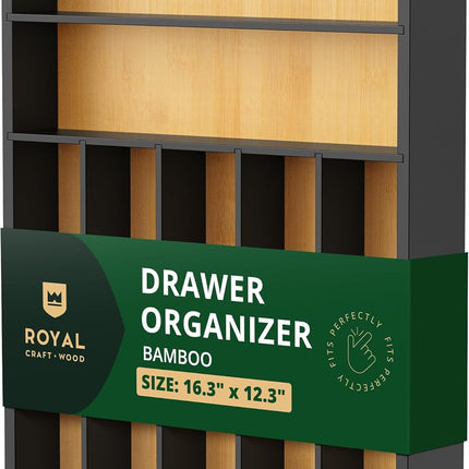 ROYAL CRAFT WOOD Роскошный органайзер для кухонного ящика из бамбука – органайзер для столовых приборов, держатель для кухонной утвари и лоток для столовых приборов, разделители для ящиков для столовых приборов (9 отделений, натуральный)
