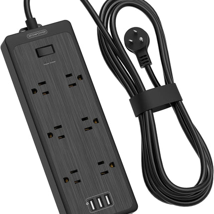 NTONPOWER Сетевой фильтр с плоской вилкой, 3 портами USB, 6 широко расположенными розетками, защитой от перенапряжения 1700 Дж, автоматическим выключателем 15 А, кабелем длиной 1,5 м, черный