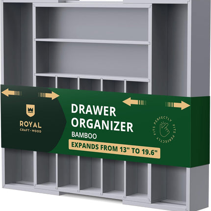ROYAL CRAFT WOOD Роскошный органайзер для кухонного ящика из бамбука – органайзер для столовых приборов, держатель для кухонной утвари и лоток для столовых приборов, разделители для ящиков для столовых приборов (9 отделений, натуральный)