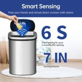 BestOffice | 13 Gallon Trash Can with Lid | Automatic Touchless Garbage Can | Odor Control | Modern Oval Design | Easy to Clean | Stainless Steel | Fits Any Kitchen, Bathroom, Office or Home