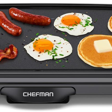 Электрическая сковорода Chefman XL со съемным терморегулятором, погружной плоской поверхностью для гриля, для бургеров, яиц, блинов, антипригарная очень большая варочная поверхность, выдвижной поддон для сбора жира, 10 x 20 дюймов