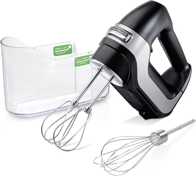 Hamilton Beach Professional 5-Speed Electric Hand Mixer with High-Performance DC Motor, Slow Start, Snap-On Storage Case, Stainless Steel Beaters, Dough Hooks & Whisk, Red and Chrome (62653)