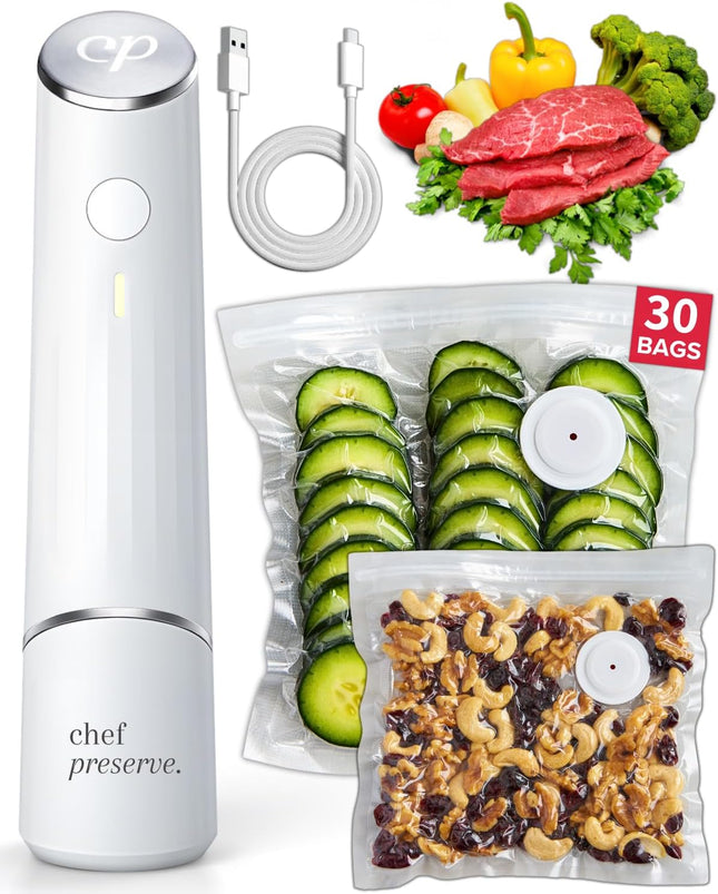 Компактный вакуумный упаковщик Chef Preserve для продуктов (вакуумный упаковщик + 30 многоразовых вакуумных пакетов). Мощный ручной вакуумный упаковщик для еды, портативный упаковщик продуктов.