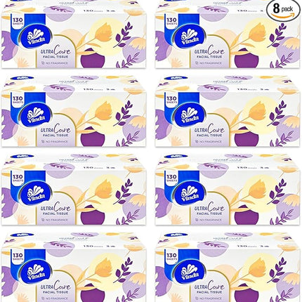 【Local warehouse】Vinda 3-Ply Ultra Care Facial Tissues – 130 Soft & Strong Sheets per Box, 8 Flat Boxes – Hypoallergenic, Gentle for Sensitive Skin, Ideal for Home, Office, and Everyday Use Visit the Vinda Store