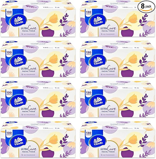 【Local warehouse】Vinda 3-Ply Ultra Care Facial Tissues – 130 Soft & Strong Sheets per Box, 8 Flat Boxes – Hypoallergenic, Gentle for Sensitive Skin, Ideal for Home, Office, and Everyday Use Visit the Vinda Store