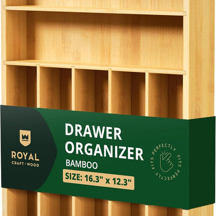 ROYAL CRAFT WOOD Роскошный органайзер для кухонного ящика из бамбука – органайзер для столовых приборов, держатель для кухонной утвари и лоток для столовых приборов, разделители для ящиков для столовых приборов (9 отделений, натуральный)