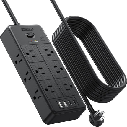 NTONPOWER Сетевой фильтр с плоской вилкой, 3 портами USB, 6 широко расположенными розетками, защитой от перенапряжения 1700 Дж, автоматическим выключателем 15 А, кабелем длиной 1,5 м, черный