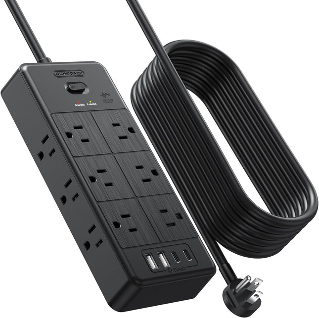 NTONPOWER Сетевой фильтр с плоской вилкой, 3 портами USB, 6 широко расположенными розетками, защитой от перенапряжения 1700 Дж, автоматическим выключателем 15 А, кабелем длиной 1,5 м, черный