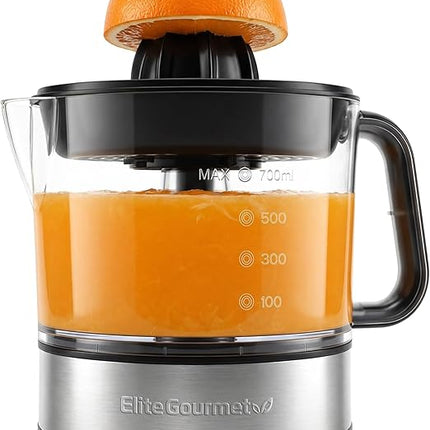 Электрическая соковыжималка для цитрусовых Elite Gourmet ETS623 без бисфенола-А, 40 Вт, компактная, большой объем, контроль мякоти, для апельсинов, лимонов, лаймов, грейпфрутов, с носиком для легкого наливания, 700 мл, черный/нержавеющая сталь