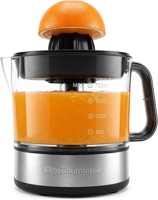 Электрическая соковыжималка для цитрусовых Elite Gourmet ETS623 без бисфенола-А, 40 Вт, компактная, большой объем, контроль мякоти, для апельсинов, лимонов, лаймов, грейпфрутов, с носиком для легкого наливания, 700 мл, черный/нержавеющая сталь