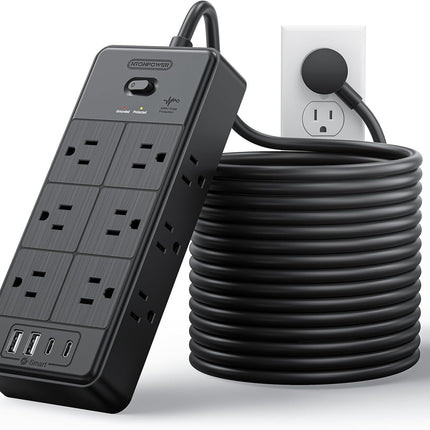 NTONPOWER Сетевой фильтр с плоской вилкой, 3 портами USB, 6 широко расположенными розетками, защитой от перенапряжения 1700 Дж, автоматическим выключателем 15 А, кабелем длиной 1,5 м, черный