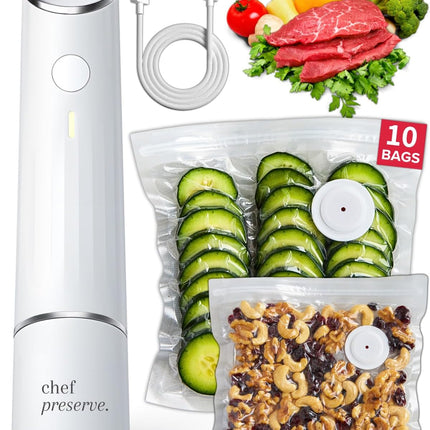 Компактный вакуумный упаковщик Chef Preserve для продуктов (вакуумный упаковщик + 30 многоразовых вакуумных пакетов). Мощный ручной вакуумный упаковщик для еды, портативный упаковщик продуктов.