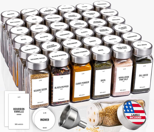 Deco haus Glass Spice Jars with Label 24 x 4oz [LABELS incl] Spice Containers with 280 Labels, Shaker Lids, Funnel & Chalk Marker - Empty Herb Seasoning Containers, Small Seasoning Bottles for Herb