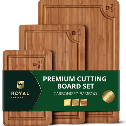ROYAL CRAFT WOOD Деревянные разделочные доски для приготовления пищи и сервировки – Набор сервировочных досок из бамбукового дерева с глубоким желобом для сока и боковыми ручками – Для мясной нарезки и разделки мяса