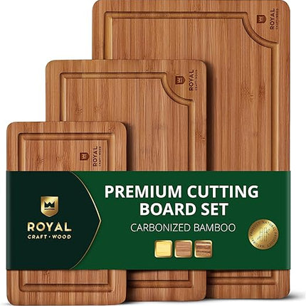 ROYAL CRAFT WOOD Деревянные разделочные доски для приготовления пищи и сервировки – Набор сервировочных досок из бамбукового дерева с глубоким желобом для сока и боковыми ручками – Для мясной нарезки и разделки мяса