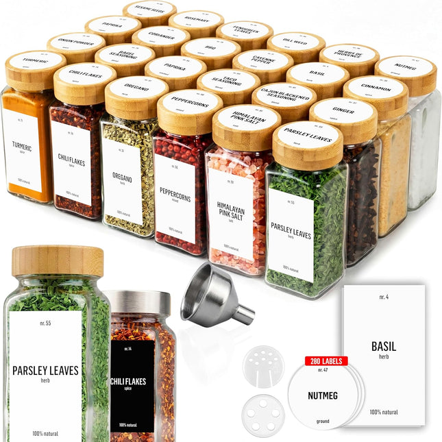 Deco haus Glass Spice Jars with Label 24 x 4oz [LABELS incl] Spice Containers with 280 Labels, Shaker Lids, Funnel & Chalk Marker - Empty Herb Seasoning Containers, Small Seasoning Bottles for Herb