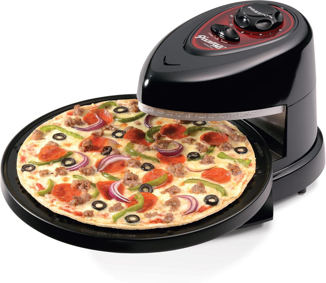 Presto 03434 Pizzaz Plus Вращающаяся печь – 12-дюймовая, настольная печь для пиццы, антипригарный противень, верхний и нижний нагревательные элементы, легко чистить, зеленый/золотой