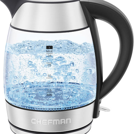 Электрический чайник Chefman, 1,8 л, 1500 Вт, бойлер для горячей воды, съемная крышка для легкой очистки, автоматическое отключение, защита от выкипания, фильтр из нержавеющей стали, не содержит бисфенола А, электрический чайник из боросиликатного стекла