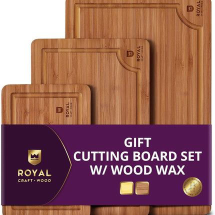 ROYAL CRAFT WOOD Деревянные разделочные доски для приготовления пищи и сервировки – Набор сервировочных досок из бамбукового дерева с глубоким желобом для сока и боковыми ручками – Для мясной нарезки и разделки мяса