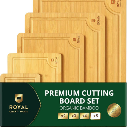 ROYAL CRAFT WOOD Деревянные разделочные доски для приготовления пищи и сервировки – Набор сервировочных досок из бамбукового дерева с глубоким желобом для сока и боковыми ручками – Для мясной нарезки и разделки мяса
