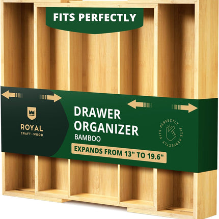 ROYAL CRAFT WOOD Роскошный органайзер для кухонного ящика из бамбука – органайзер для столовых приборов, держатель для кухонной утвари и лоток для столовых приборов, разделители для ящиков для столовых приборов (9 отделений, натуральный)